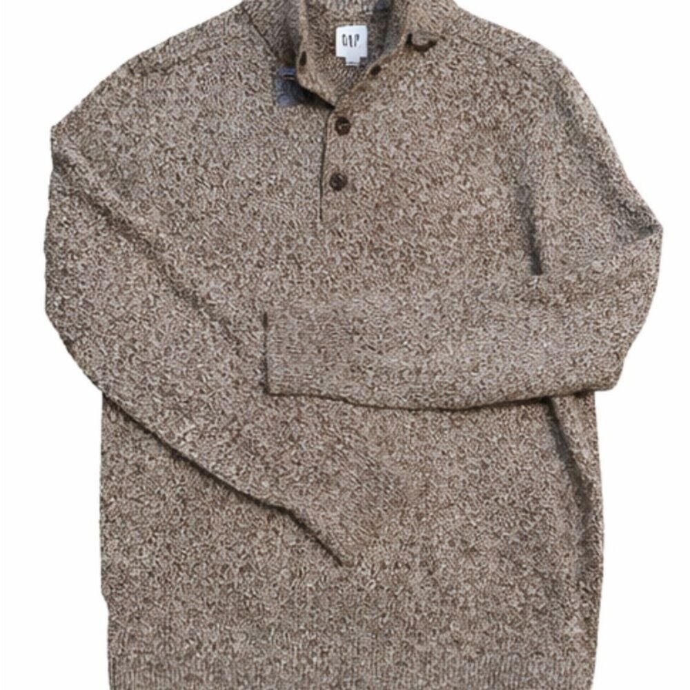 GAP Mens Warmest Button Mock Neck Sweater L Mole Brown Marled Henley Pullover